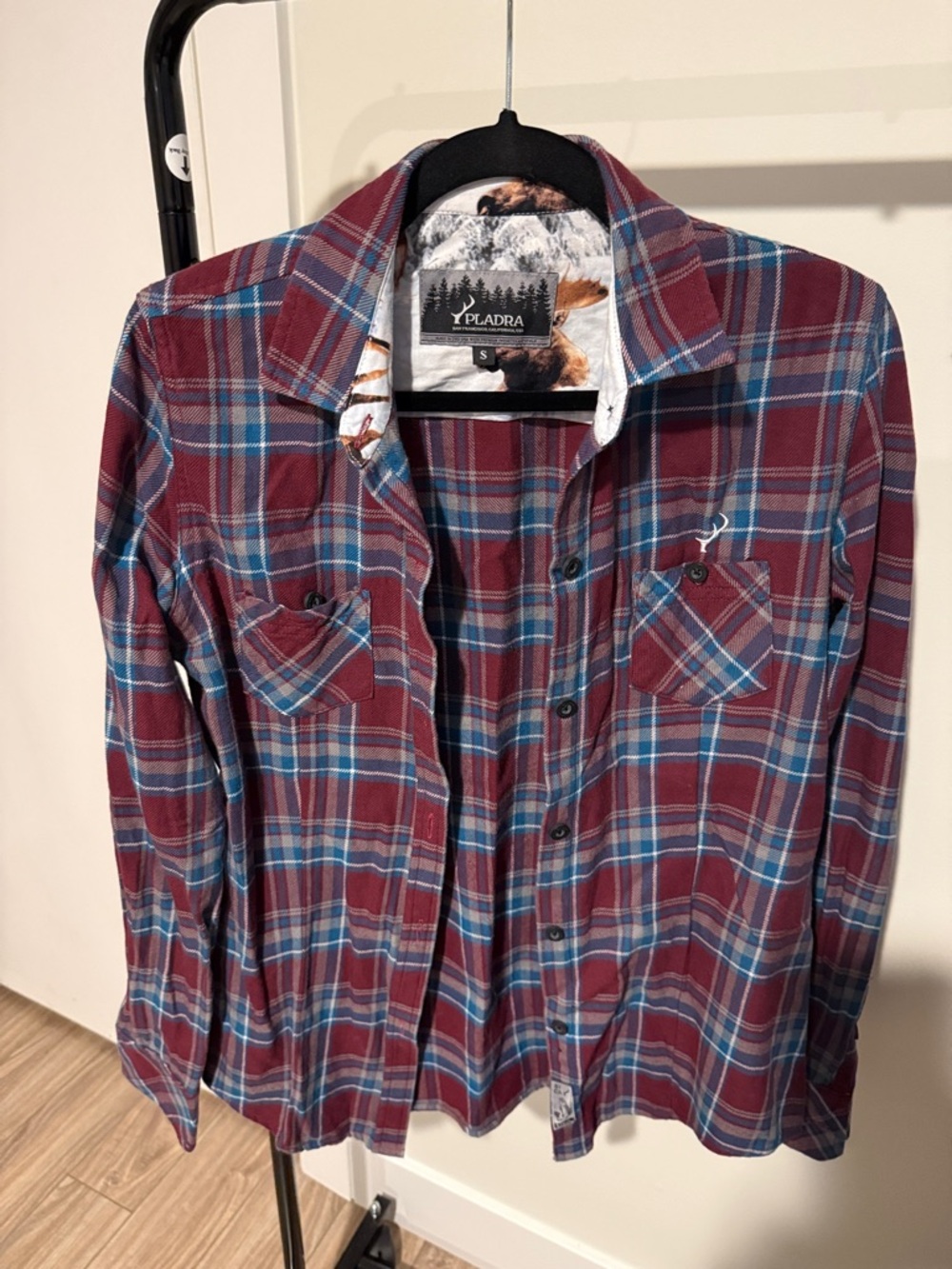 Playdra Women’s Plaid Button-Down Flannel Shirt in Maroon and Blue -